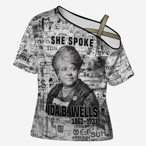 Ida B. Wells Cross Shoulder Shirt with Newspaper Collage Design Powerful Portrait Civil Rights and Free Press Tribute - African Pride