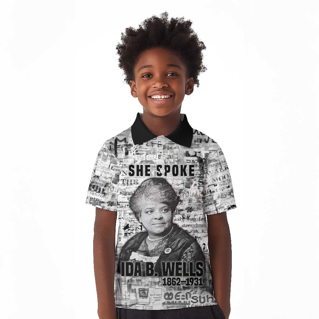Ida B. Wells Kid Polo Shirt with Newspaper Collage Design Powerful Portrait Civil Rights and Free Press Tribute - African Pride