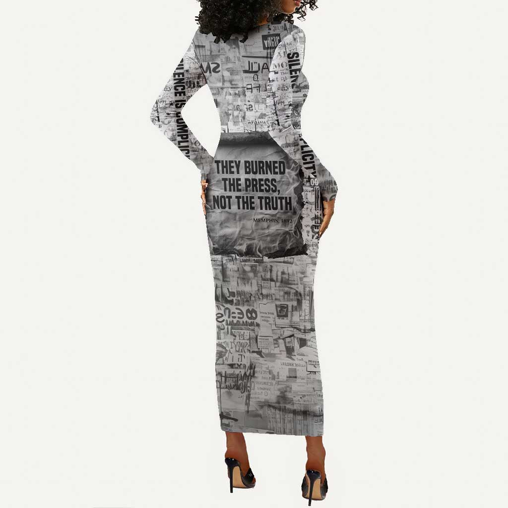 Ida B. Wells Long Sleeve Bodycon Dress with Newspaper Collage Design Powerful Portrait Civil Rights and Free Press Tribute - African Pride