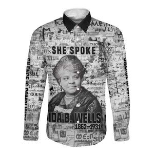 Ida B. Wells Long Sleeve Button Shirt with Newspaper Collage Design Powerful Portrait Civil Rights and Free Press Tribute - African Pride