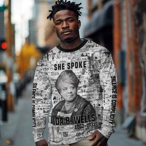 Ida B. Wells Long Sleeve Shirt with Newspaper Collage Design Powerful Portrait Civil Rights and Free Press Tribute - African Pride