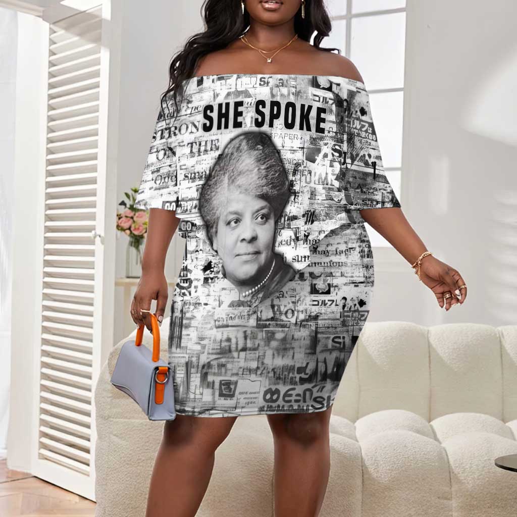 Ida B. Wells Off Shoulder Short Dress with Newspaper Collage Design Powerful Portrait Civil Rights and Free Press Tribute - African Pride