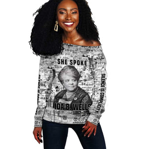 Ida B. Wells Off Shoulder Sweater with Newspaper Collage Design Powerful Portrait Civil Rights and Free Press Tribute - African Pride