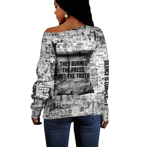 Ida B. Wells Off Shoulder Sweater with Newspaper Collage Design Powerful Portrait Civil Rights and Free Press Tribute - African Pride
