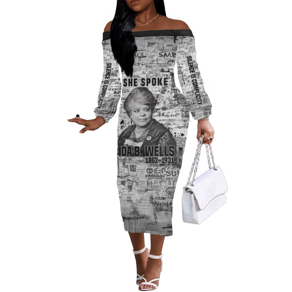 Ida B. Wells Off The Shoulder Long Sleeve Dress with Newspaper Collage Design Powerful Portrait Civil Rights and Free Press Tribute - African Pride