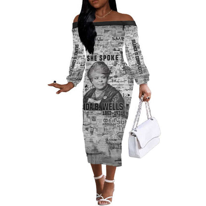 Ida B. Wells Off The Shoulder Long Sleeve Dress with Newspaper Collage Design Powerful Portrait Civil Rights and Free Press Tribute - African Pride