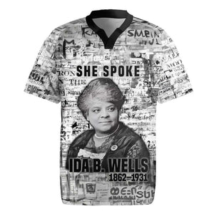 Ida B. Wells Rugby Jersey with Newspaper Collage Design Powerful Portrait Civil Rights and Free Press Tribute - African Pride