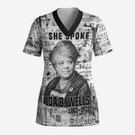 Ida B. Wells Scrub Top with Newspaper Collage Design Powerful Portrait Civil Rights and Free Press Tribute - African Pride