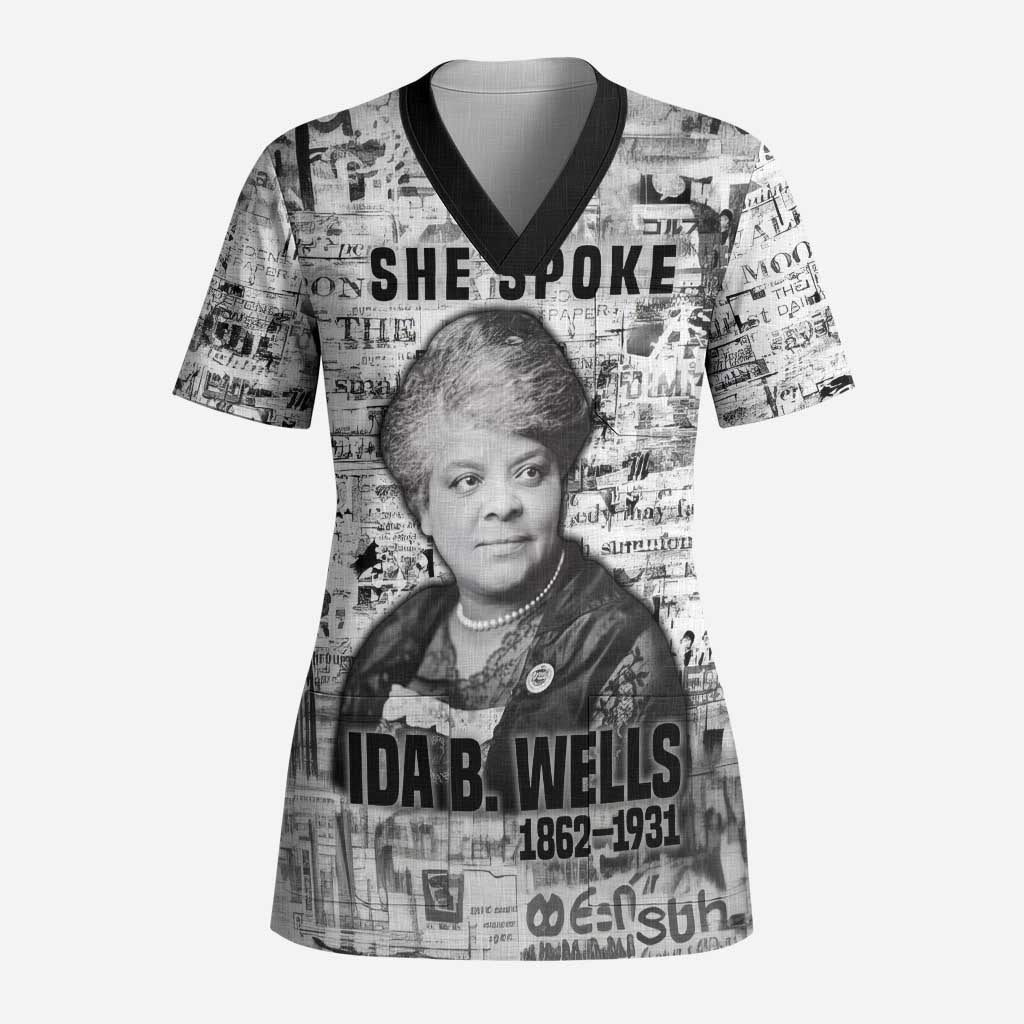 Ida B. Wells Scrub Top with Newspaper Collage Design Powerful Portrait Civil Rights and Free Press Tribute - African Pride