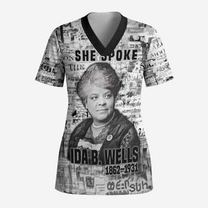 Ida B. Wells Scrub Top with Newspaper Collage Design Powerful Portrait Civil Rights and Free Press Tribute - African Pride