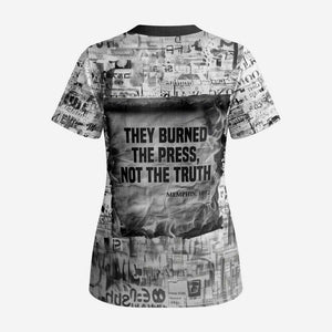 Ida B. Wells Scrub Top with Newspaper Collage Design Powerful Portrait Civil Rights and Free Press Tribute - African Pride