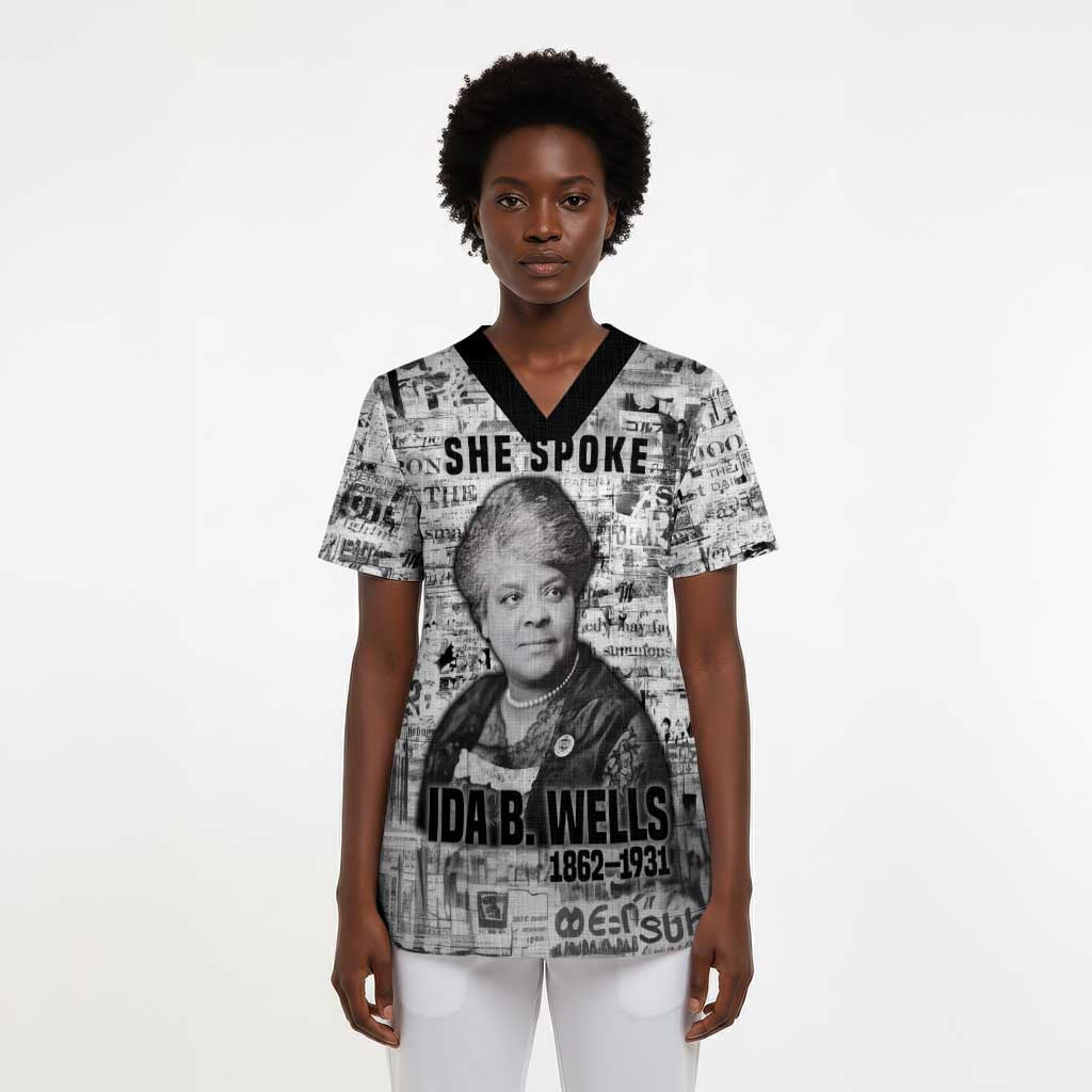 Ida B. Wells Scrub Top with Newspaper Collage Design Powerful Portrait Civil Rights and Free Press Tribute - African Pride