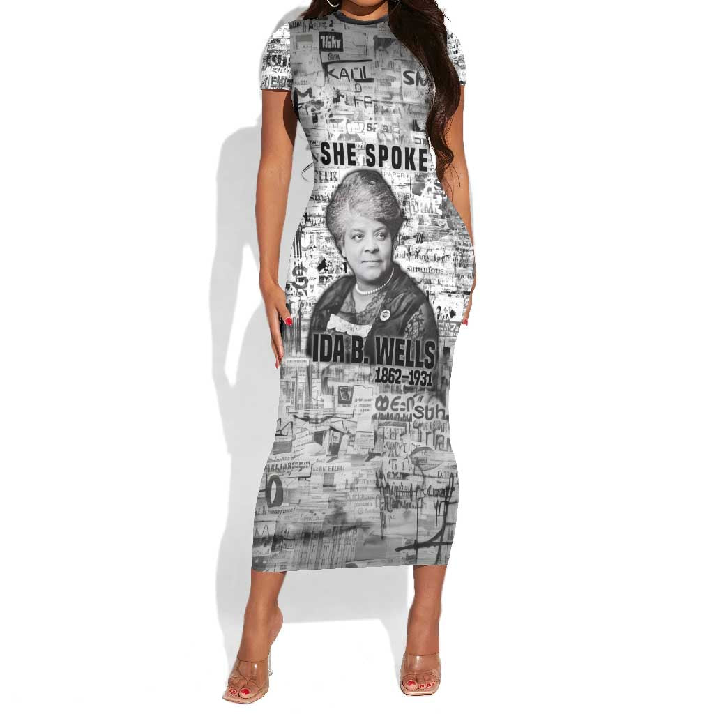 Ida B. Wells Short Sleeve Bodycon Dress with Newspaper Collage Design Powerful Portrait Civil Rights and Free Press Tribute - African Pride