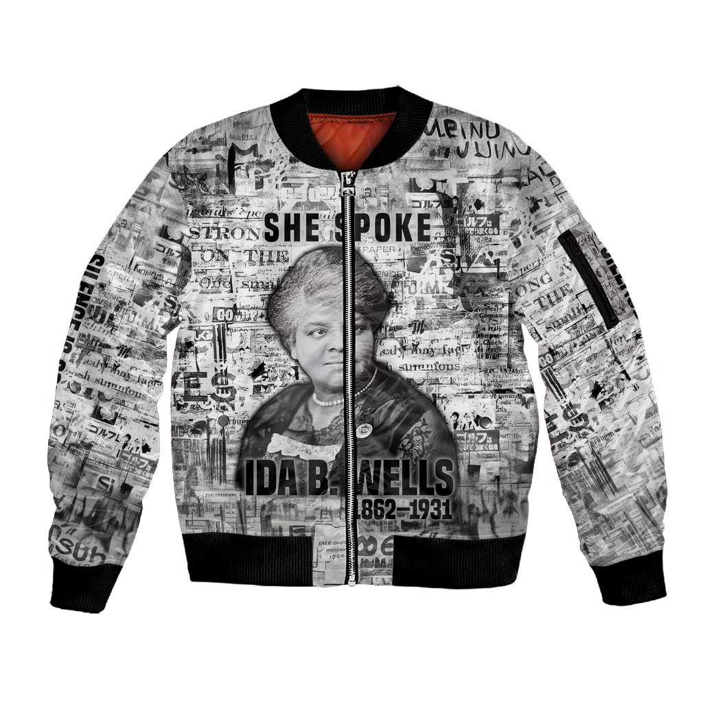 Ida B. Wells Sleeve Zip Bomber Jacket with Newspaper Collage Design Powerful Portrait Civil Rights and Free Press Tribute - African Pride