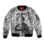 Ida B. Wells Sleeve Zip Bomber Jacket with Newspaper Collage Design Powerful Portrait Civil Rights and Free Press Tribute - African Pride