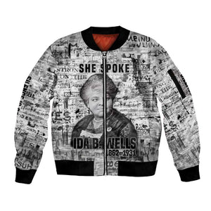 Ida B. Wells Sleeve Zip Bomber Jacket with Newspaper Collage Design Powerful Portrait Civil Rights and Free Press Tribute - African Pride