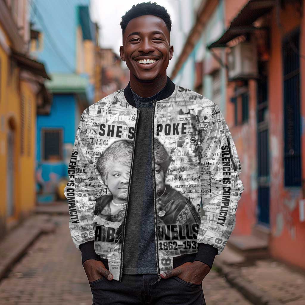 Ida B. Wells Sleeve Zip Bomber Jacket with Newspaper Collage Design Powerful Portrait Civil Rights and Free Press Tribute - African Pride