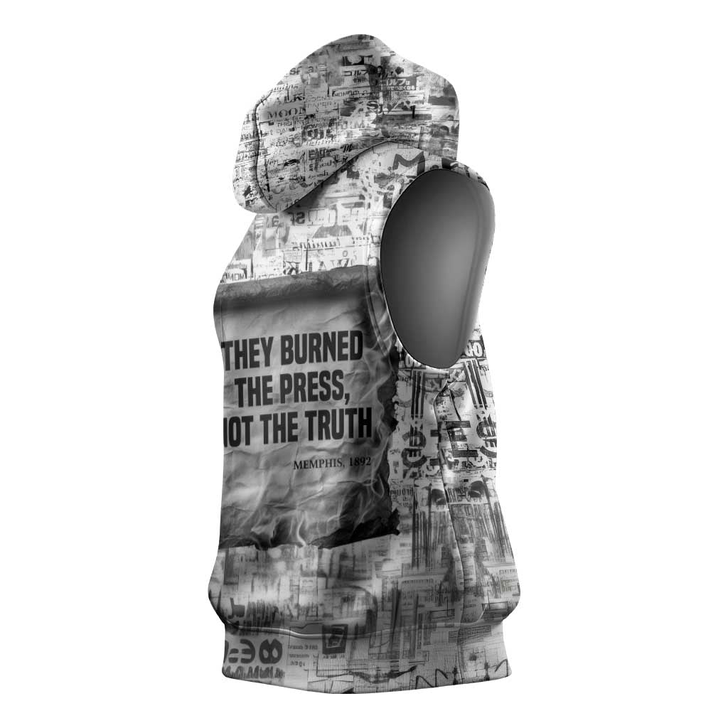 Ida B. Wells Sleeveless Hoodie with Newspaper Collage Design Powerful Portrait Civil Rights and Free Press Tribute - African Pride