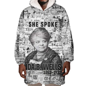 Ida B. Wells Wearable Blanket Hoodie with Newspaper Collage Design Powerful Portrait Civil Rights and Free Press Tribute - African Pride