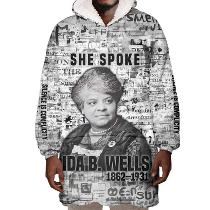 Ida B. Wells Wearable Blanket Hoodie with Newspaper Collage Design Powerful Portrait Civil Rights and Free Press Tribute - African Pride