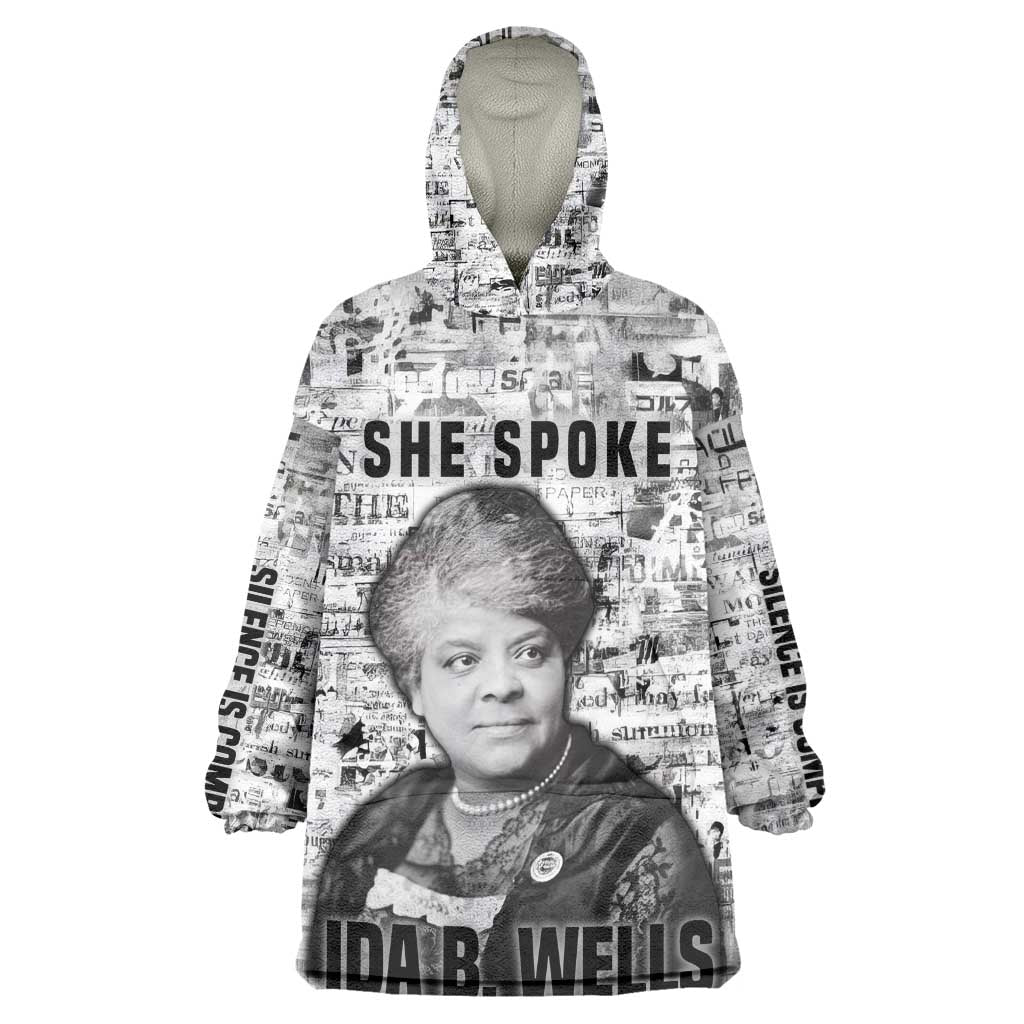 Ida B. Wells Wearable Blanket Hoodie with Newspaper Collage Design Powerful Portrait Civil Rights and Free Press Tribute - African Pride