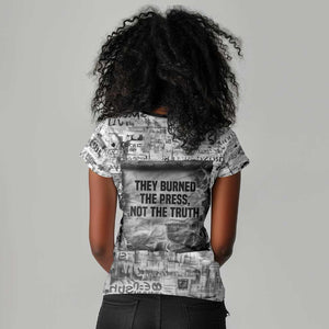 Ida B. Wells Women V-Neck T-Shirt with Newspaper Collage Design Powerful Portrait Civil Rights and Free Press Tribute - African Pride