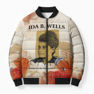 Ida B. Wells Bomber Puffer Jacket with Floral Pen Design Illustrated Portrait Civil Rights and Journalism Tribute - African Pride