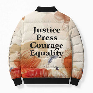 Ida B. Wells Bomber Puffer Jacket with Floral Pen Design Illustrated Portrait Civil Rights and Journalism Tribute - African Pride