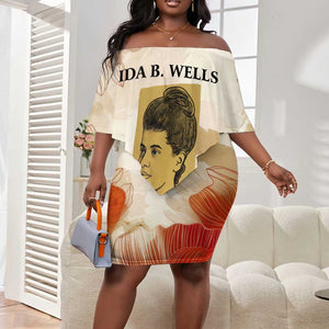 Ida B. Wells Off Shoulder Short Dress with Floral Pen Design Illustrated Portrait Civil Rights and Journalism Tribute - African Pride