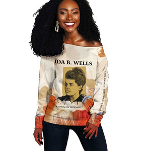 Ida B. Wells Off Shoulder Sweater with Floral Pen Design Illustrated Portrait Civil Rights and Journalism Tribute - African Pride