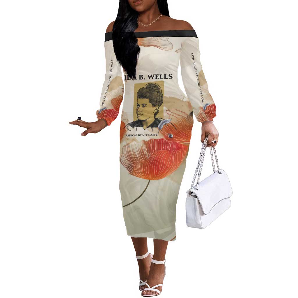 Ida B. Wells Off The Shoulder Long Sleeve Dress with Floral Pen Design Illustrated Portrait Civil Rights and Journalism Tribute - African Pride