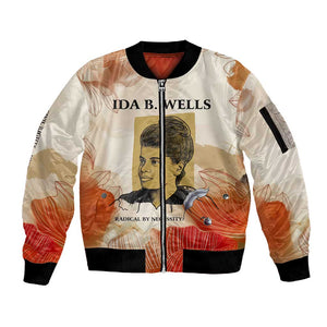 Ida B. Wells Sleeve Zip Bomber Jacket with Floral Pen Design Illustrated Portrait Civil Rights and Journalism Tribute - African Pride
