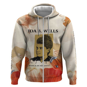 Ida B. Wells Zip Hoodie with Floral Pen Design Illustrated Portrait Civil Rights and Journalism Tribute - African Pride