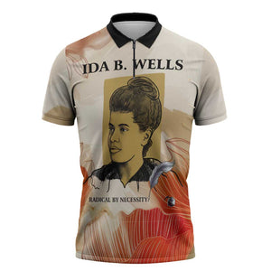Ida B. Wells Zipper Polo Shirt with Floral Pen Design Illustrated Portrait Civil Rights and Journalism Tribute - African Pride