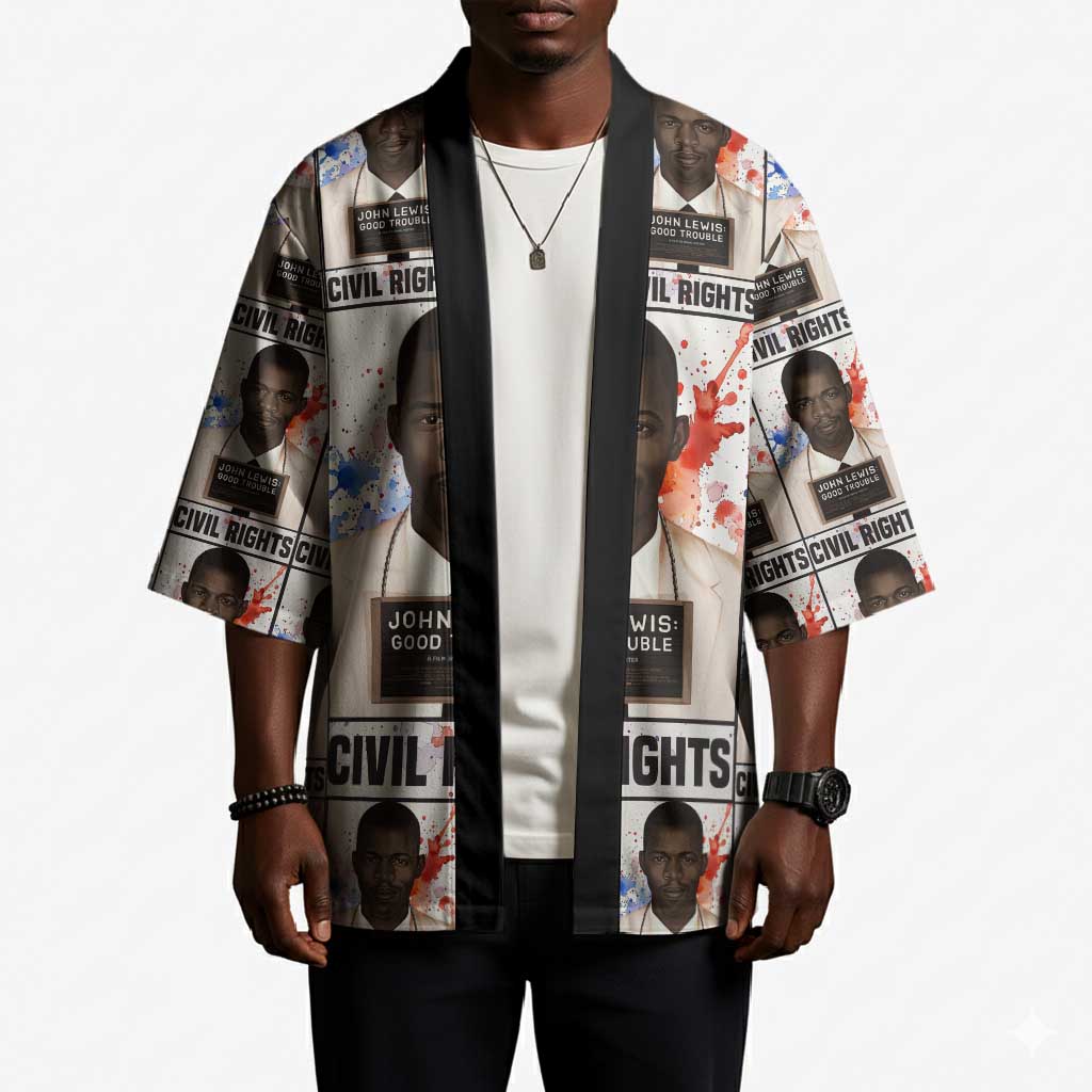 John Lewis Kimono with Mugshot Collage Design Civil Rights Portrait Good Trouble Tribute - African Pride