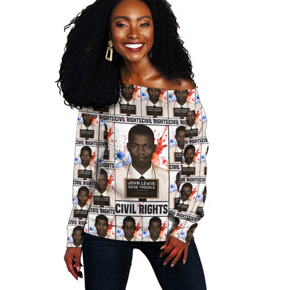 John Lewis Off Shoulder Sweater with Mugshot Collage Design Civil Rights Portrait Good Trouble Tribute - African Pride