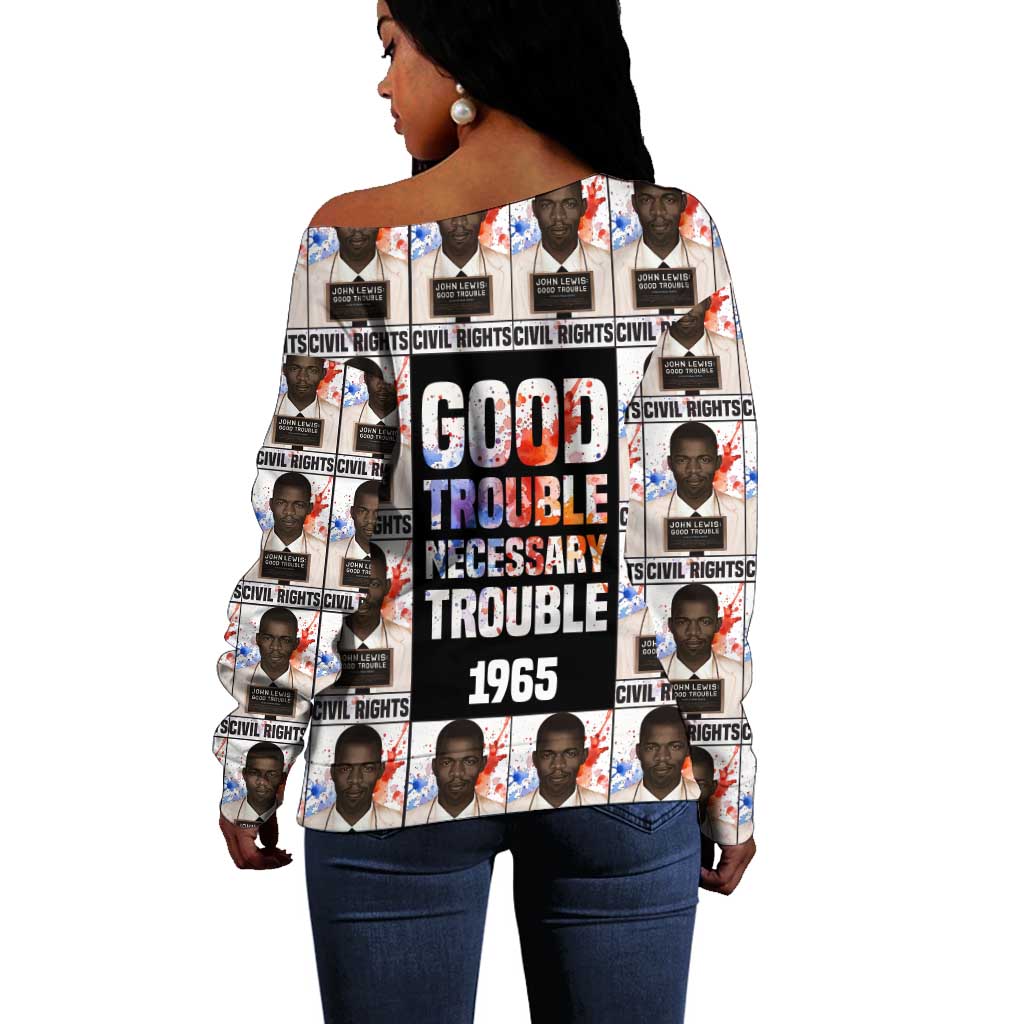 John Lewis Off Shoulder Sweater with Mugshot Collage Design Civil Rights Portrait Good Trouble Tribute - African Pride