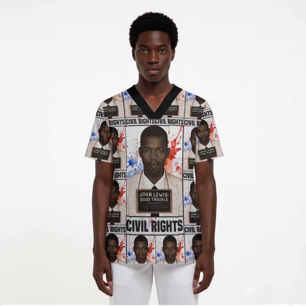 John Lewis Scrub Top with Mugshot Collage Design Civil Rights Portrait Good Trouble Tribute - African Pride