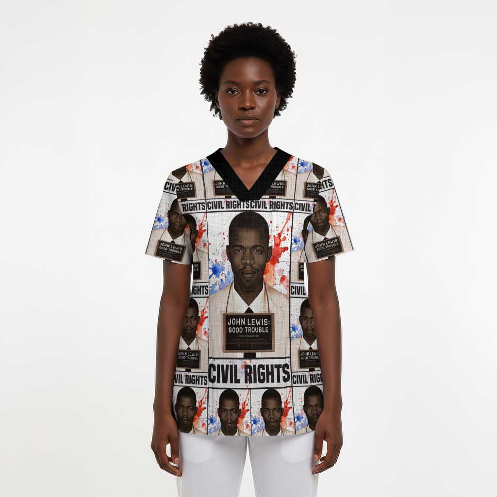 John Lewis Scrub Top with Mugshot Collage Design Civil Rights Portrait Good Trouble Tribute - African Pride