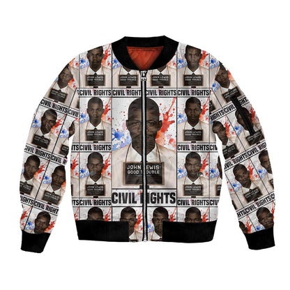 John Lewis Sleeve Zip Bomber Jacket with Mugshot Collage Design Civil Rights Portrait Good Trouble Tribute - African Pride