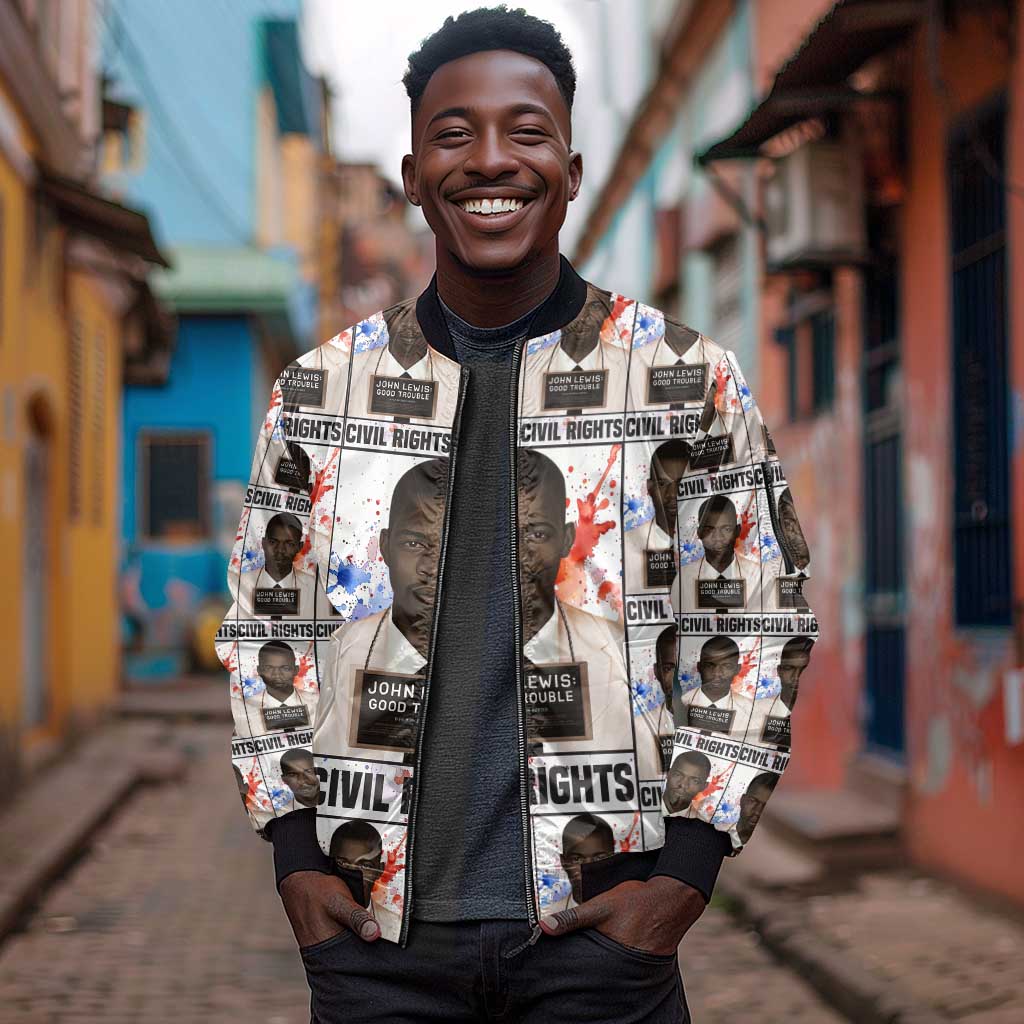John Lewis Sleeve Zip Bomber Jacket with Mugshot Collage Design Civil Rights Portrait Good Trouble Tribute - African Pride