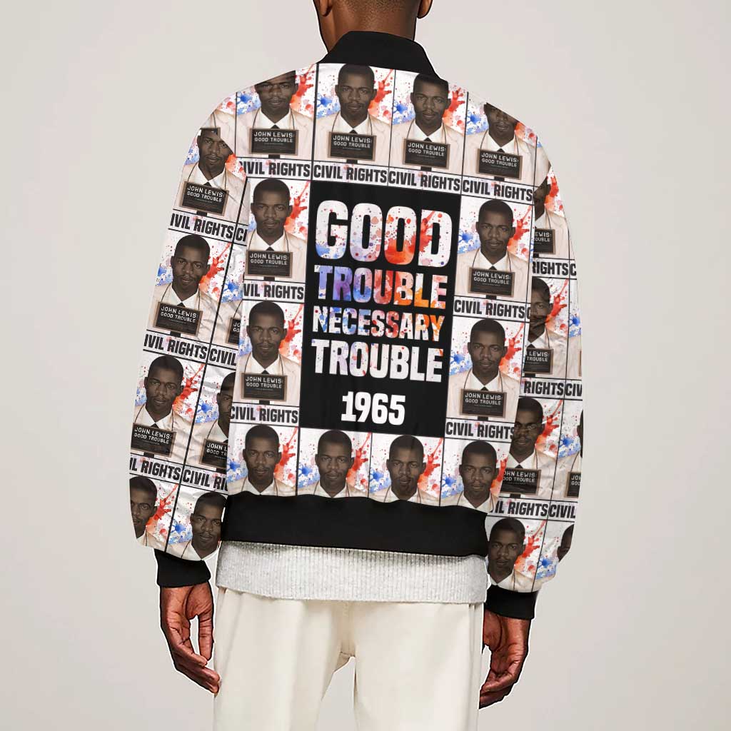 John Lewis Sleeve Zip Bomber Jacket with Mugshot Collage Design Civil Rights Portrait Good Trouble Tribute - African Pride
