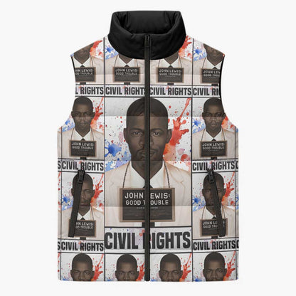 John Lewis Sleeveless Puffer Jacket with Mugshot Collage Design Civil Rights Portrait Good Trouble Tribute - African Pride