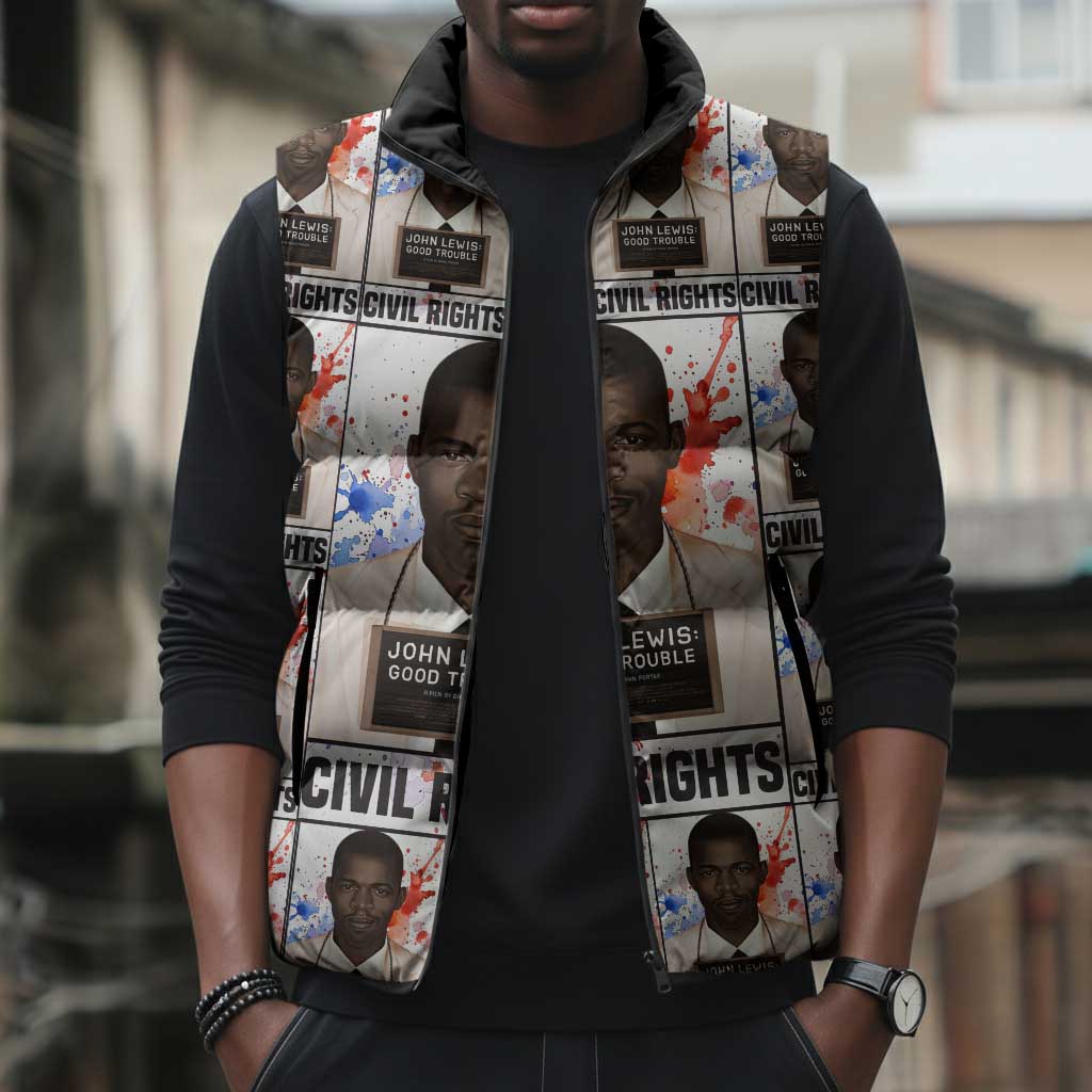 John Lewis Sleeveless Puffer Jacket with Mugshot Collage Design Civil Rights Portrait Good Trouble Tribute - African Pride