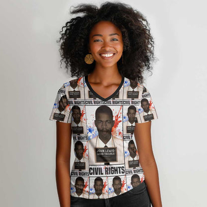 John Lewis Women V-Neck T-Shirt with Mugshot Collage Design Civil Rights Portrait Good Trouble Tribute - African Pride