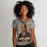 John Lewis Women V-Neck T-Shirt with Freedom Quote Graphic Civil Rights and Legacy Tribute - African Pride