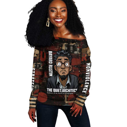 Bayard Rustin Off Shoulder Sweater with Quiet Architect Design Strategy and Courage Civil Rights Tribute - African Pride