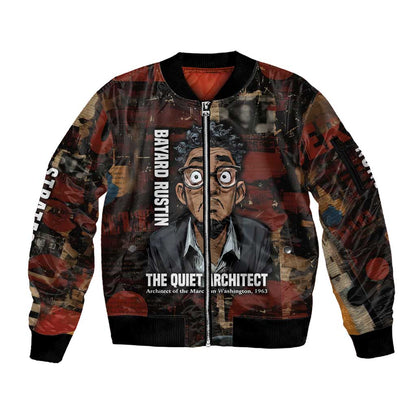 Bayard Rustin Sleeve Zip Bomber Jacket with Quiet Architect Design Strategy and Courage Civil Rights Tribute - African Pride
