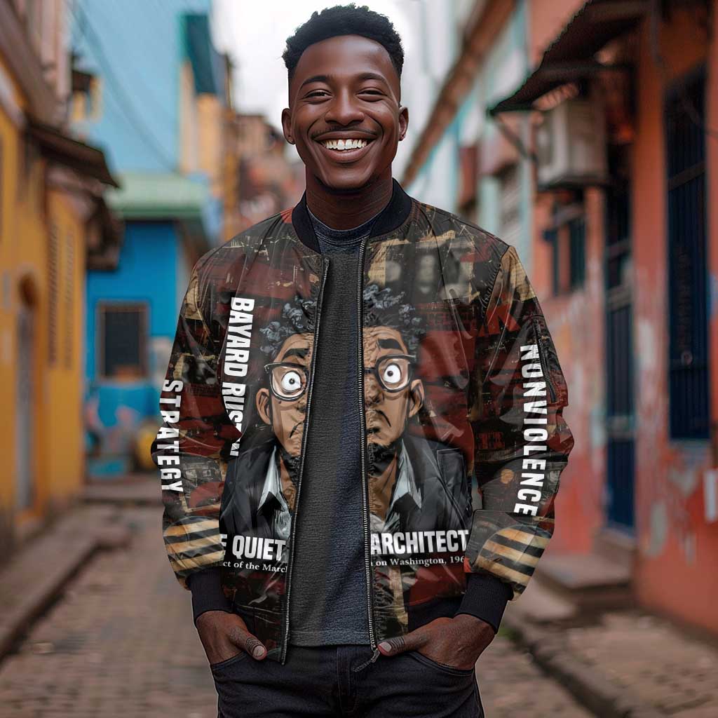 Bayard Rustin Sleeve Zip Bomber Jacket with Quiet Architect Design Strategy and Courage Civil Rights Tribute - African Pride