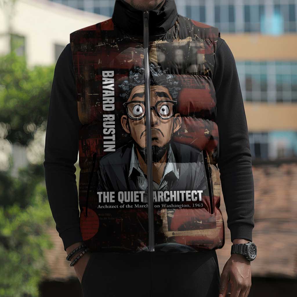 Bayard Rustin Sleeveless Puffer Jacket with Quiet Architect Design Strategy and Courage Civil Rights Tribute - African Pride